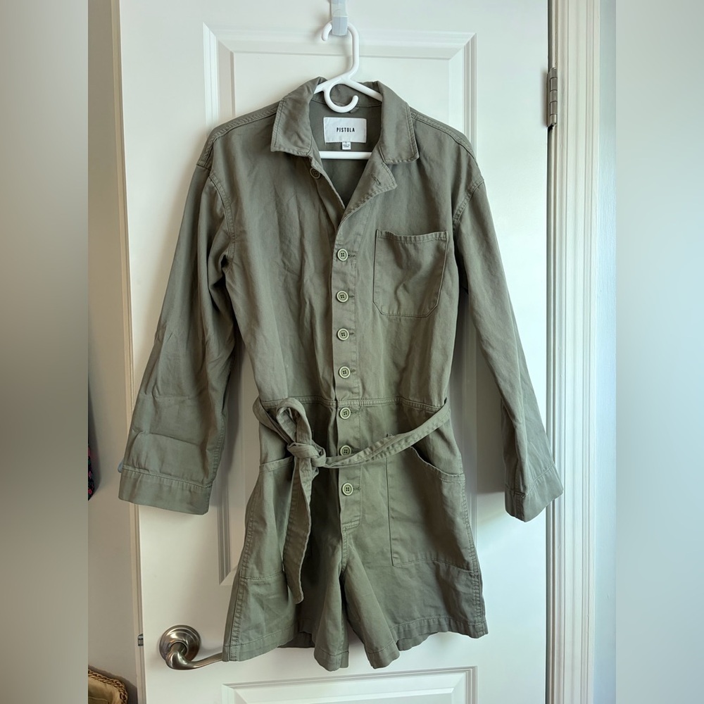 pistola Olive Green Button-Front Utility Jumpsuit with tie belt and long sleeves